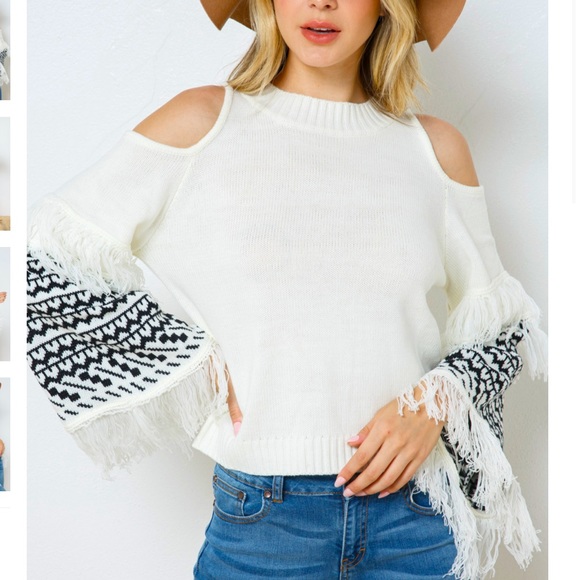 NEW Cold shoulder Fringe Aztec Boho sweater - Picture 1 of 9